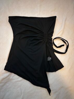 Black Asymmetric Strapless Top with Side Tie